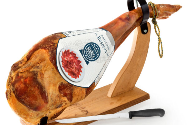 Pachet Cadou Jambon Serrano Reserva maturat 12 luni(suport si cutit inclus) + cutie cadou