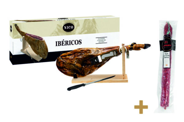 Jamón de Cebo Ibérico Pata Negra 50% ~6.5kg (Suport si Cutit special inclus) + CADOU 1 x  Fuet Iberic Extremadura180 gr