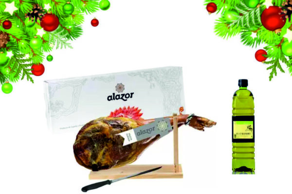 Pachet Craciun Jambon Alazor (Suport si Cutit inclus) 4.5kg + CADOU Ulei masline Extra Virgin El Calvario 1l