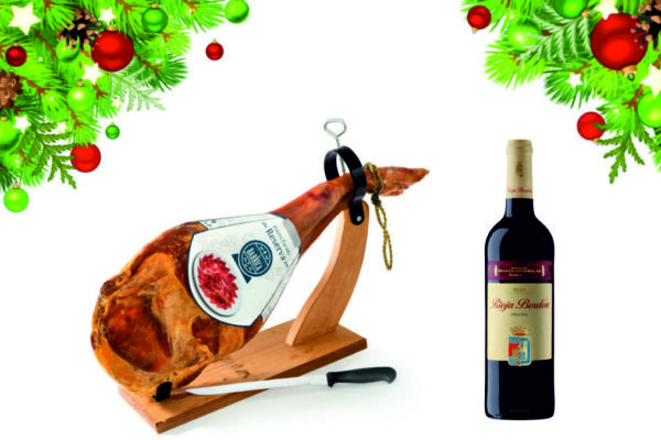 Pachet cadou Jambon Serrano Reserva maturat 12 luni(suport si cutit inclus) + Vin Rosu Sec Rioja Bordon 2018