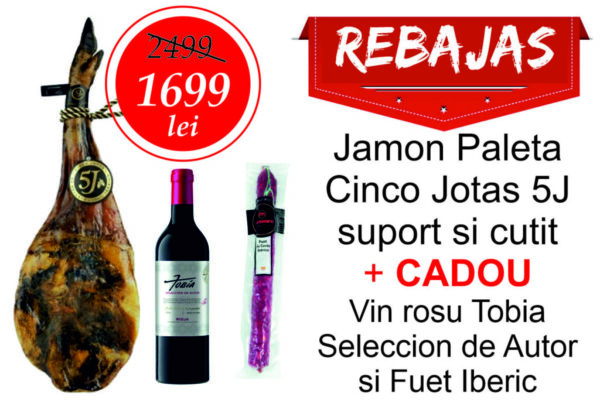 Jamón Paleta de Bellota Ibérico 100% Raza Ibérica 5J Cinco Jotas ~ 5,5 kg (suport si cutit inclus) + CADOU o sticla de vin rosu Tobia  Seleccion de Autor si un Fuet Iberic Extremadura