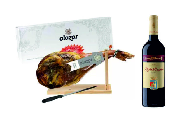 Pachet Cadou Jambon Alazor (Suport si Cutit inclus) 4.5kg + CADOU o sticla vin rosu Rioja Bordon Crianza